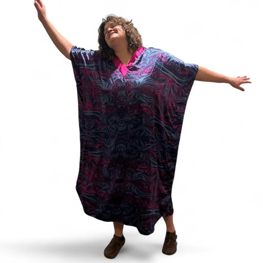 womens trippy dippy psychadelic blue/pink maxi kaftan‎ muumuu dress osfm